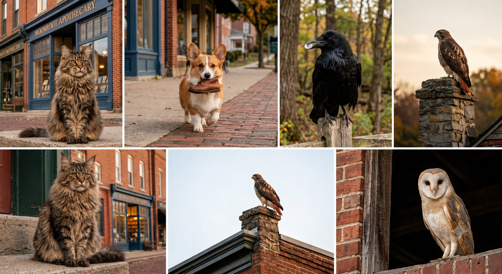 Bramble the cat, Pip the corgi, Corvin the raven, and the hawk and owl