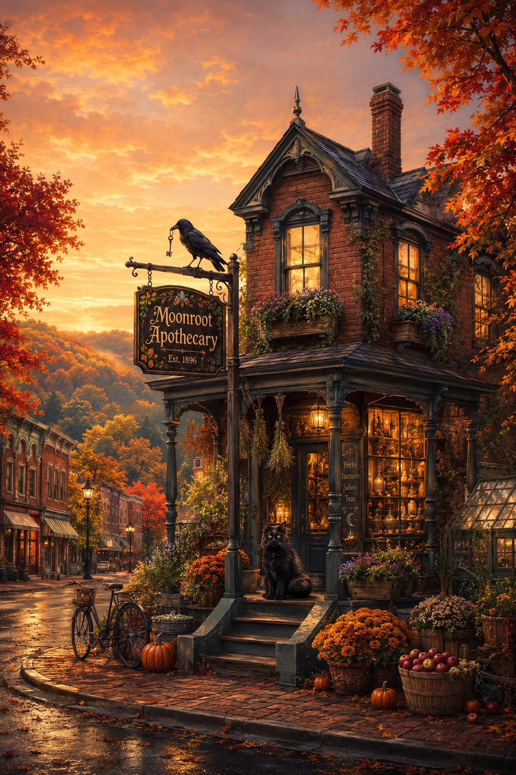 The Moonroot Apothecary storefront at sunset
