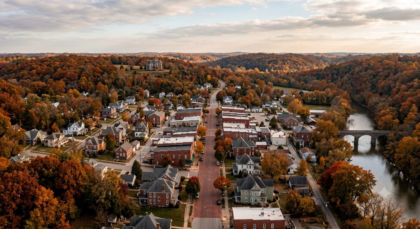 Main Street of Moonroot Hollow in autumn