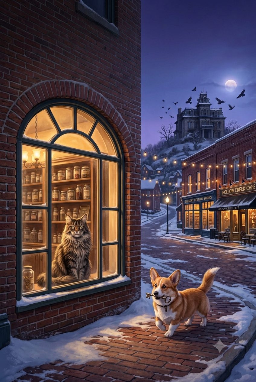 The apothecary window glowing at night with the manor on the hill