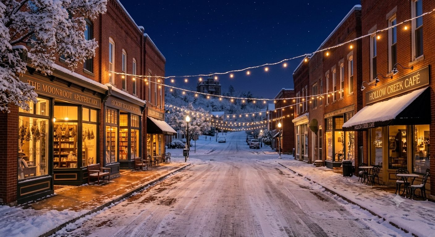 Main Street under snow and string lights