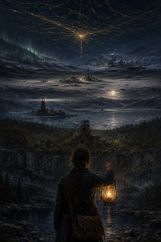 Wren Ouatoga — a lantern-bearer over a drowned valley at night